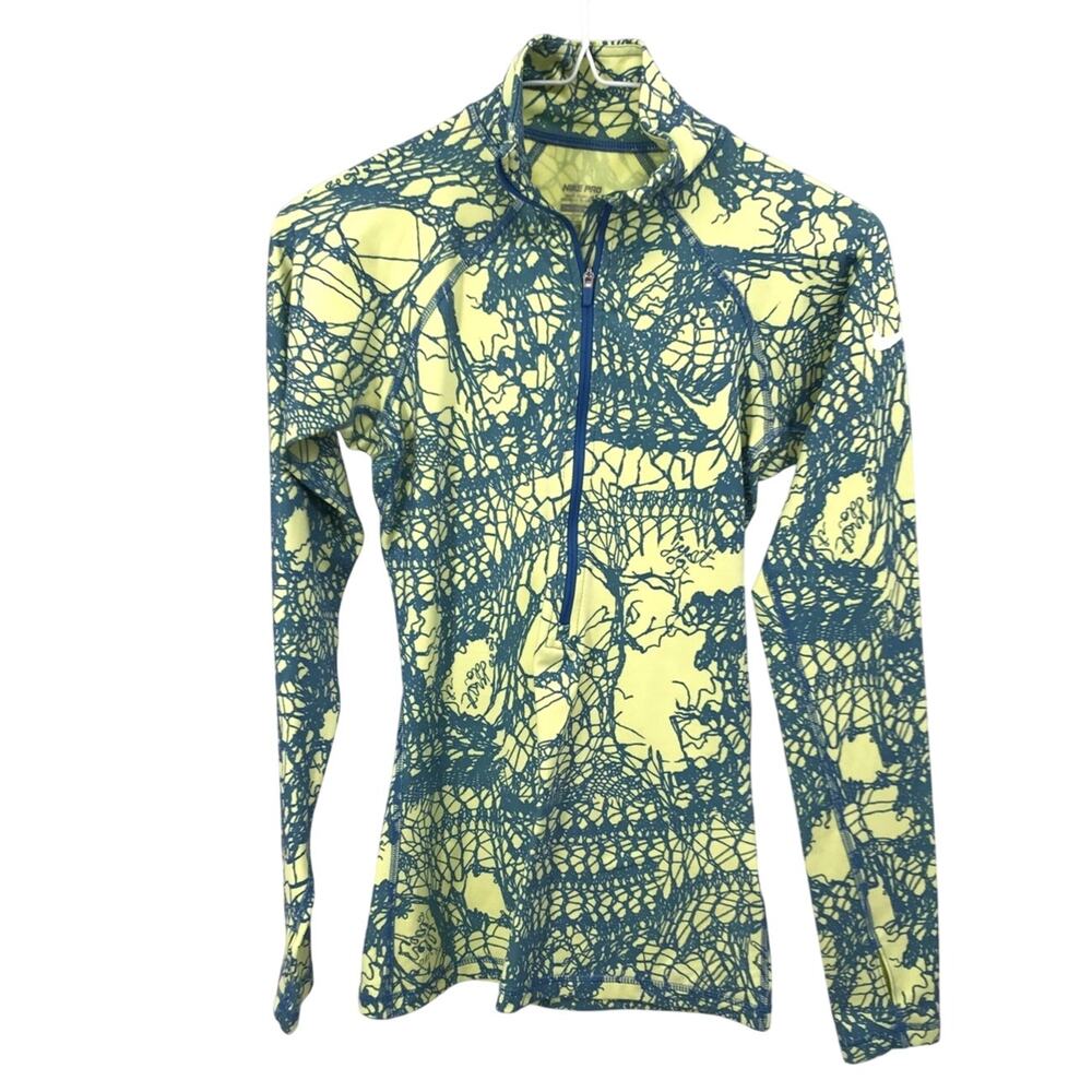 Nike Pro Womens Yellow Blue Fleece Lined 1/2 Zip Pullover Shirt Size XS